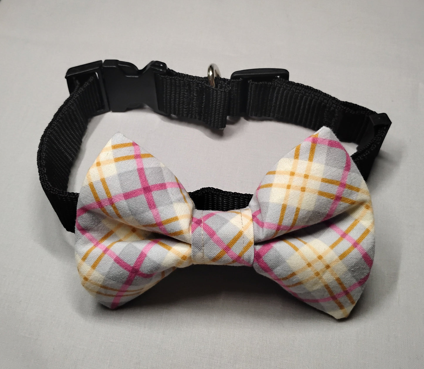 Grey, Pink & Yellow Plaid Pet Bow Tie